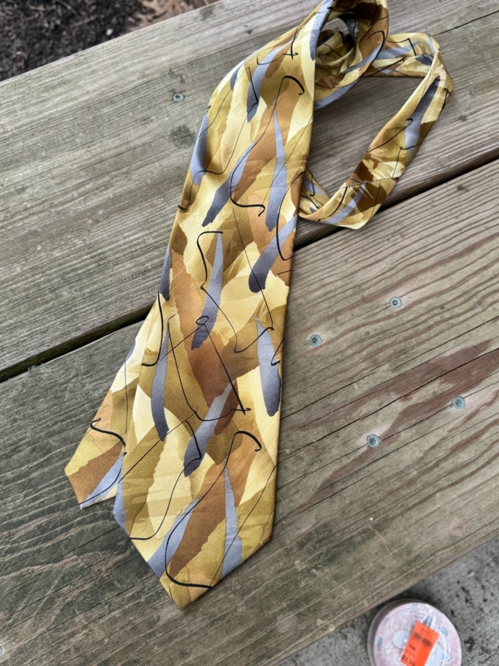 J. Garcia Yellow and Brown Abstract Silk Tie with Gray Accents